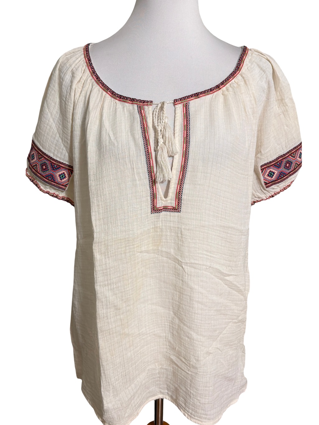 J. Crew Ivory Peasant Blouse Tie Neck Embroidered
